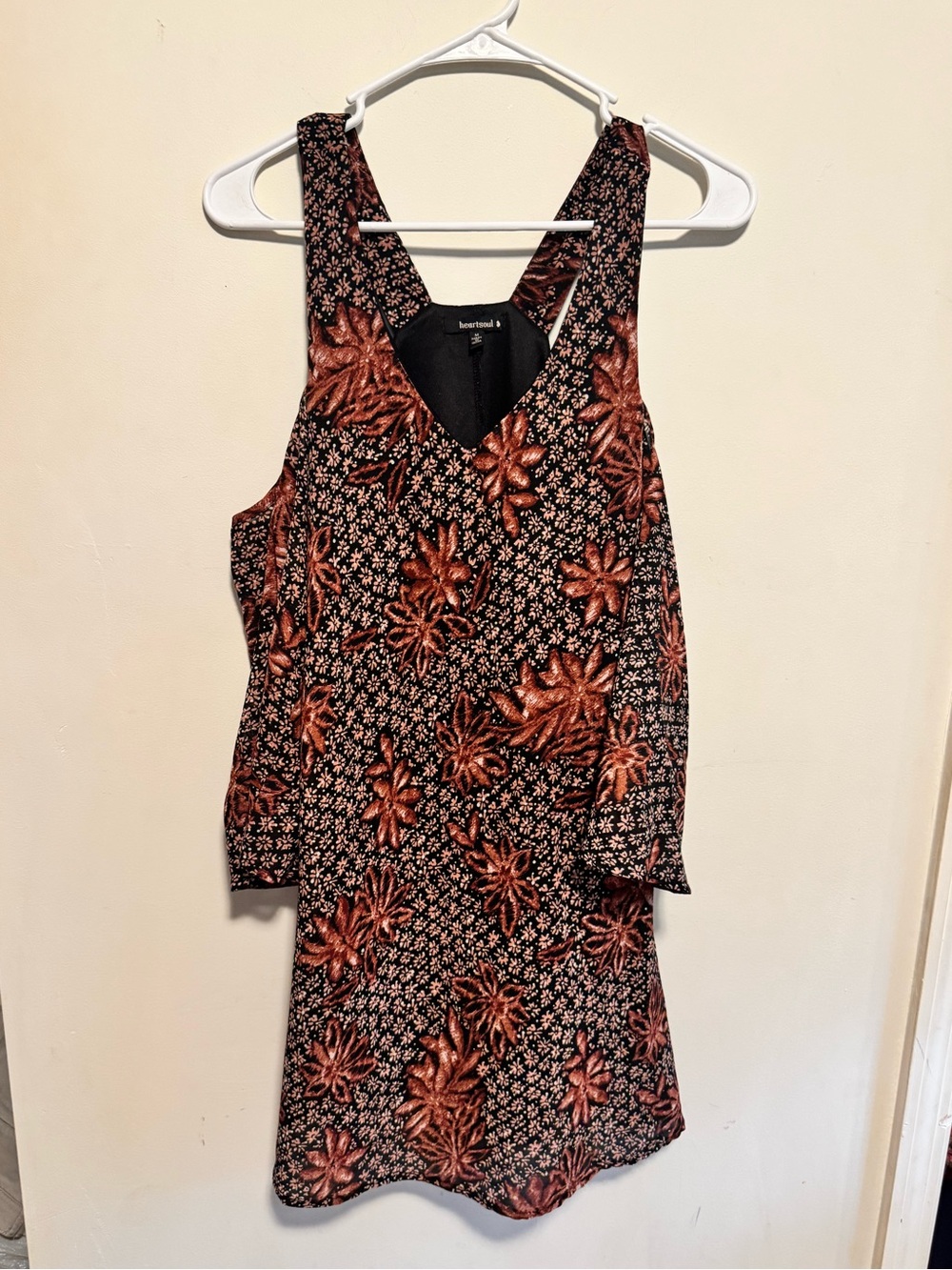 HeartSoul Black Mini Dress with Rust Floral Motif
